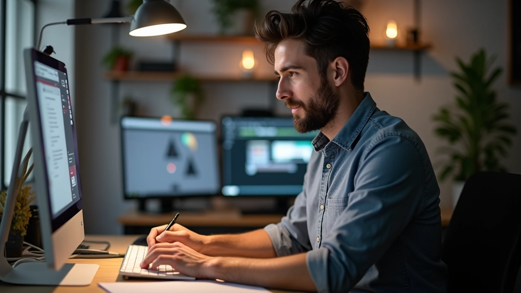 Tiago Mendes trabalhando em estúdio criativo com equipamento de motion design, ecrã com projeto de animação, iluminação profissional de estúdio