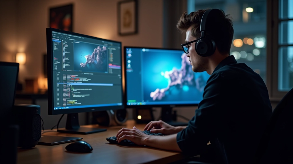 Espaço de trabalho criativo com múltiplos monitores mostrando software de animação e design