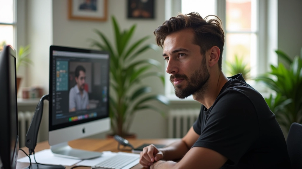 Designer de motion design a trabalhar em projeto complexo no seu desk com múltiplos monitores em estúdio criativo