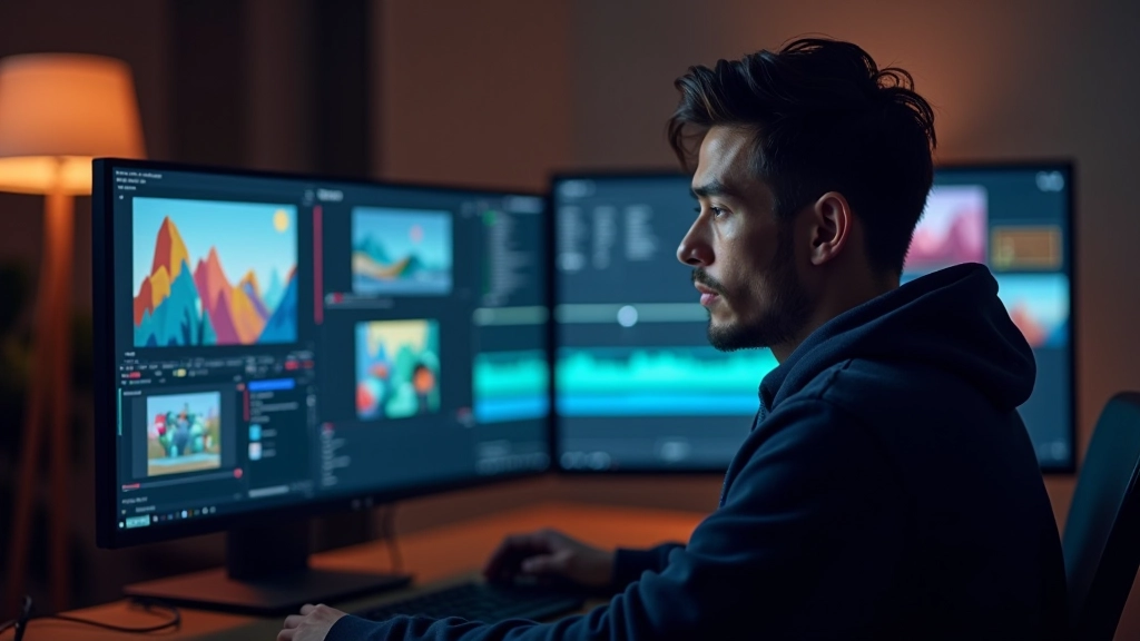 Designer de motion review no monitor mostrando timeline de animação com clips de vídeo coloridos