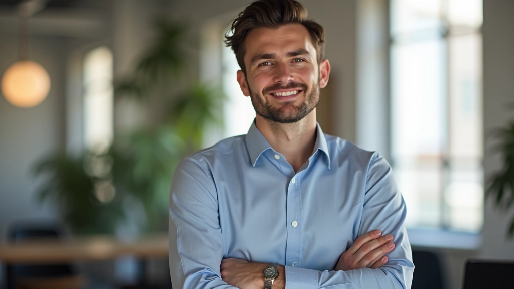 Retrato profissional de director criativo, homem em ambiente de escritório moderno