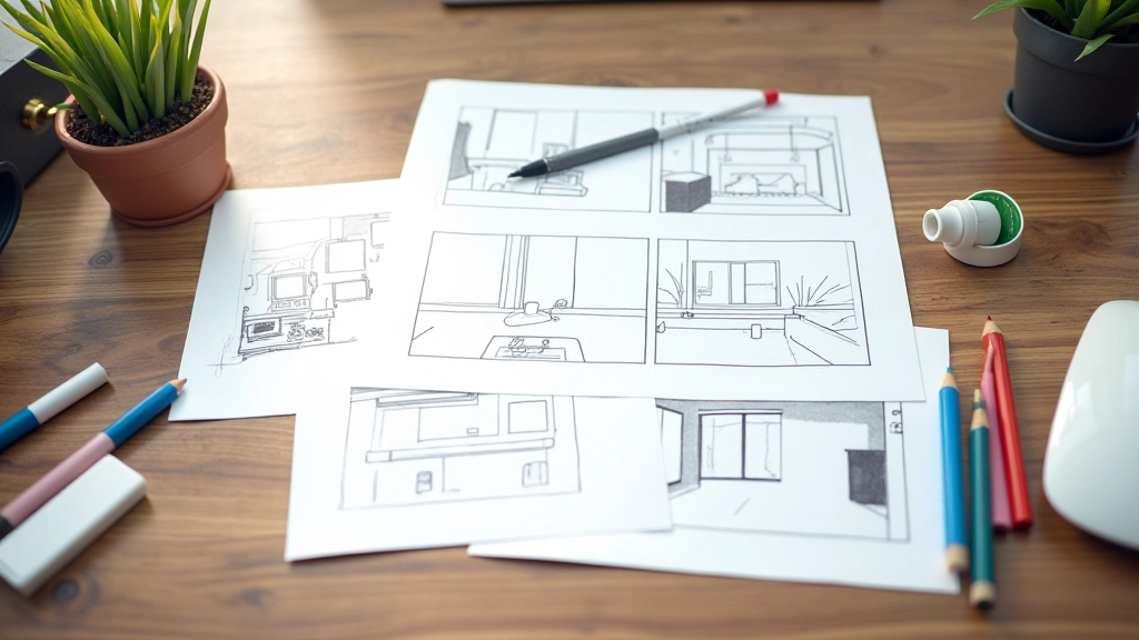 Storyboard com sketches de sequências de animação em papel e lápis de cor em mesa de design